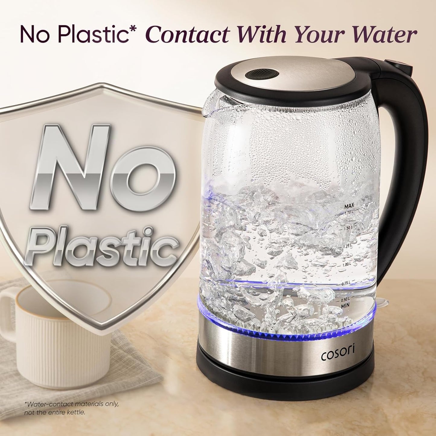 Electric Kettle with Borosilicate Glass, 1.7L Capacity, Wide Mouth for Easy Cleaning, Auto Shut Off, 1500W, Black