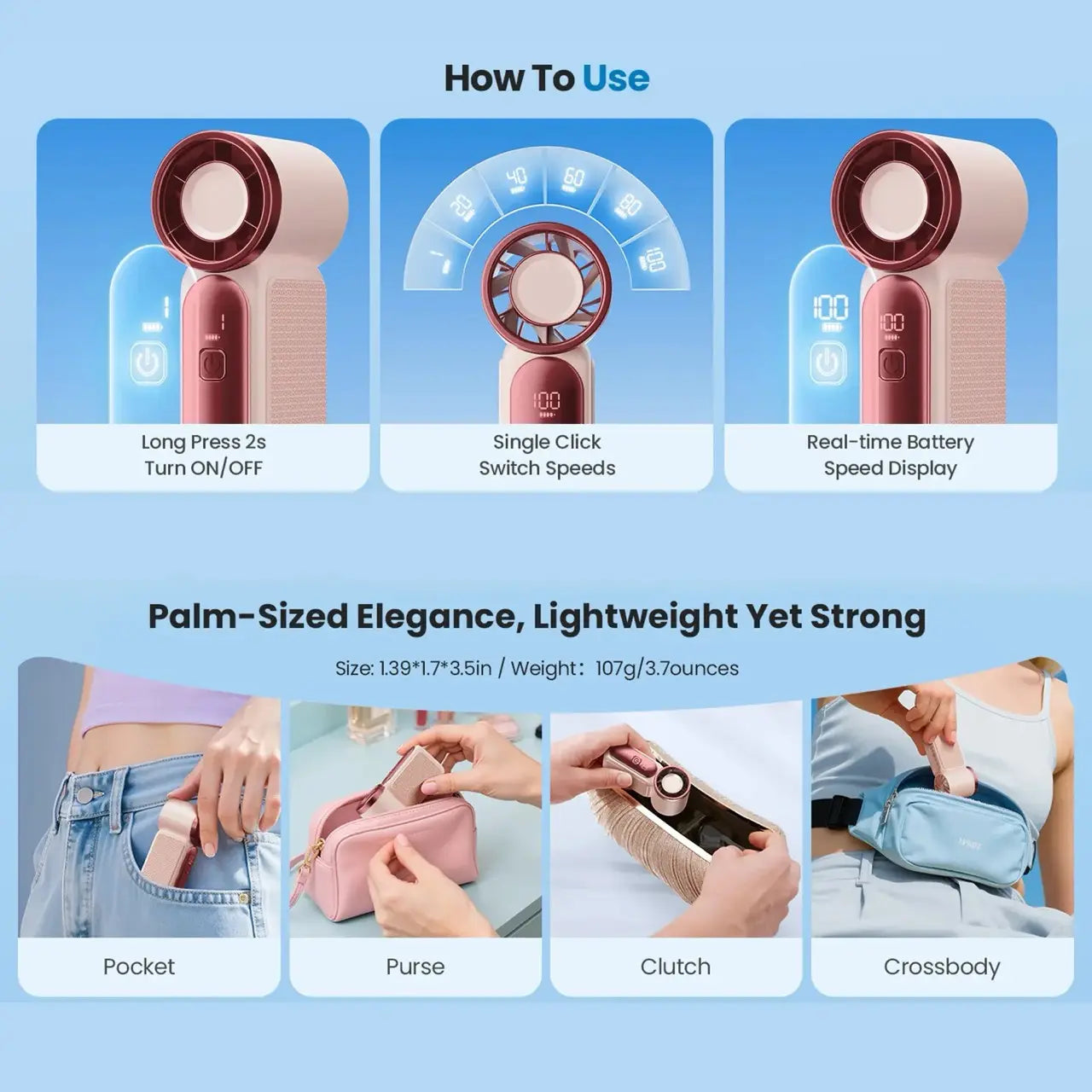Mini Handheld Fan with LED Display – 6-Speed Turbo Pocket Fan for Women. USB Rechargeable, High-Speed Cooling for Travel & Makeup. Perfect Gift. Portable Refrigeration