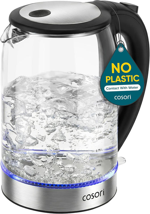 Electric Kettle with Borosilicate Glass, 1.7L Capacity, Wide Mouth for Easy Cleaning, Auto Shut Off, 1500W, Black