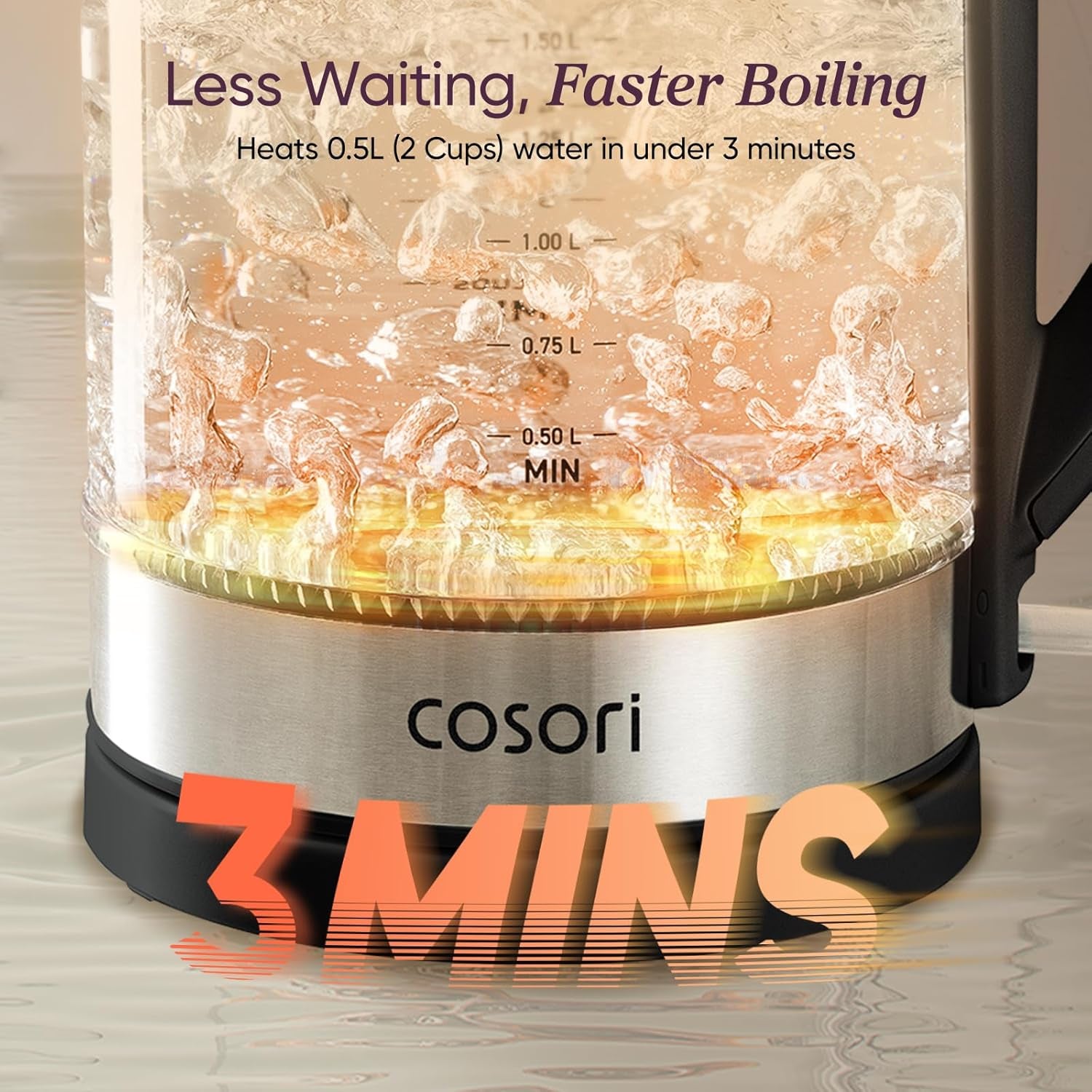 Electric Kettle with Borosilicate Glass, 1.7L Capacity, Wide Mouth for Easy Cleaning, Auto Shut Off, 1500W, Black