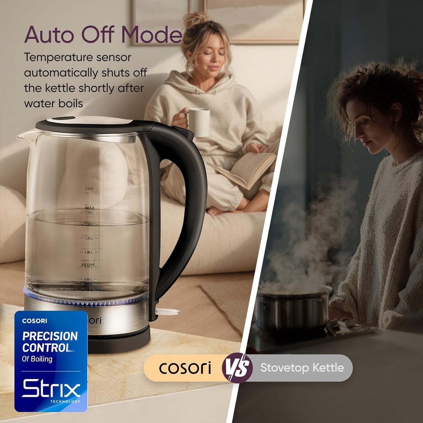 Electric Kettle with Borosilicate Glass, 1.7L Capacity, Wide Mouth for Easy Cleaning, Auto Shut Off, 1500W, Black